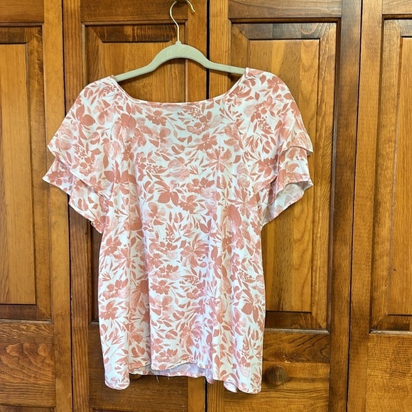 Adrienne Vittadini Peach/White Floral Cropped Boxy Flutter Sleeve Boho Rayon 2X - Picture 3 of 9